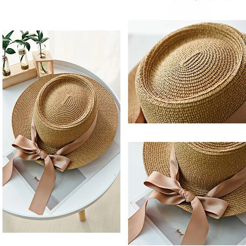Женская летняя пляжная шляпа от солнца, новинка, брендовая соломенная шляпа с плоским верхом, модная пляжная шляпа с бантом из ленты для девушек, женские шляпы