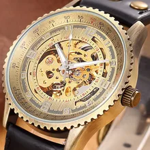 SHENHUA Bronze Automatic Watches Men Hollow Skeleton Leather Strap Mechanical Male Clock Relogio Masculino Mens Wrist Watches