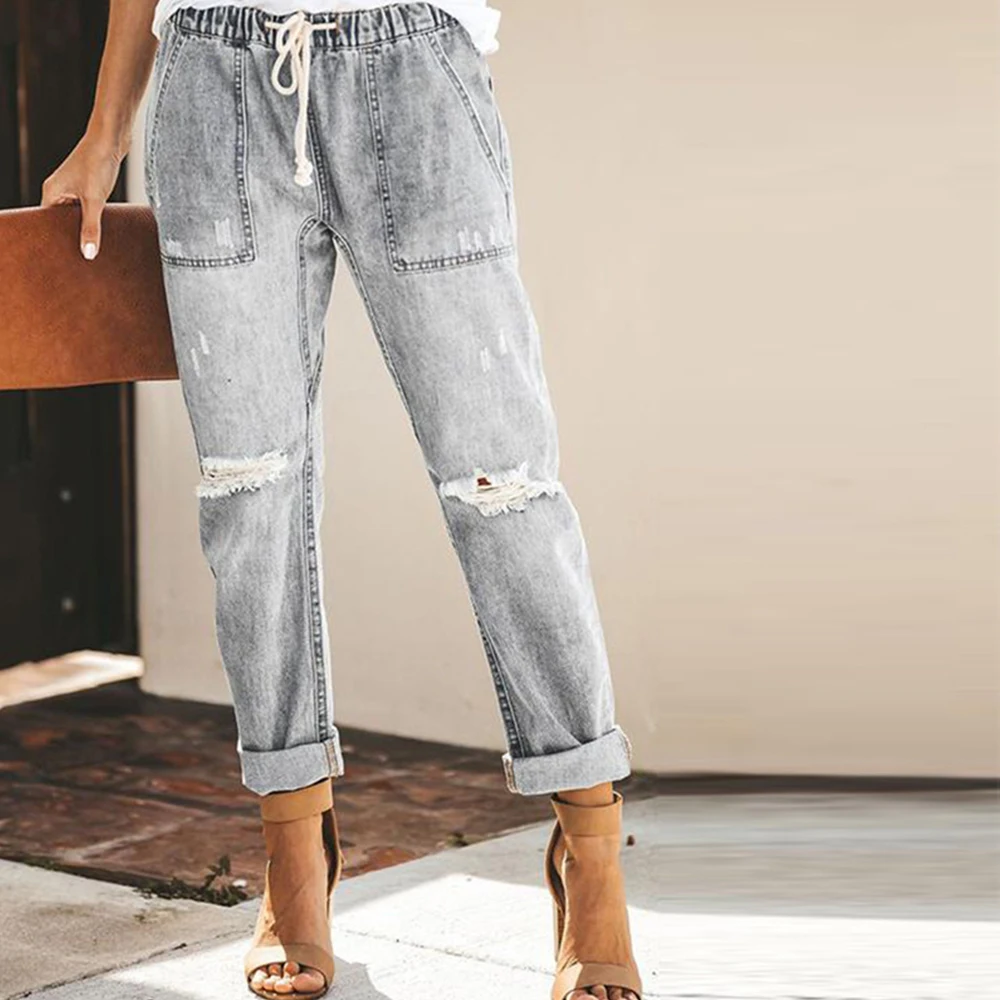 Корейский стиль, рваные джинсы для женщин, высокая талия размера плюс, повседневные женские джинсы с дырками, джинсовые брюки, винтажные женские штаны