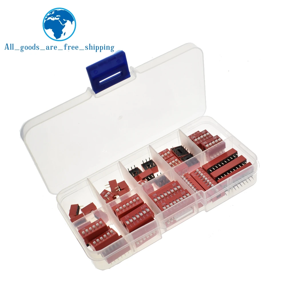 

45PCS Dip Switch Kit In Box 1 2 3 4 5 6 7 8 10 Way 2.54mm Toggle Switch Red Snap Switches Mixed Kit Each 5PCS Combination Set