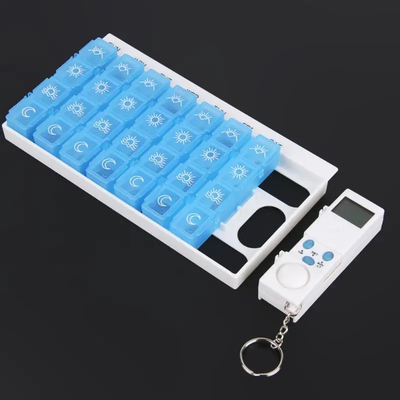 

28 Slots Weekly 7 Days Alarms Portable Pill Box Colorful Plastic Holder Pill Cases With Reminder Timer