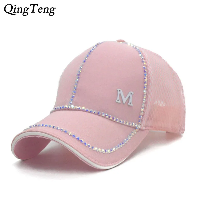 

2018 Pink Cap Women Summer Breathable Net Baseball Cap Fashion Visor Women Hat Sparkling Rhinestones Female Cap Hip Hop Bone