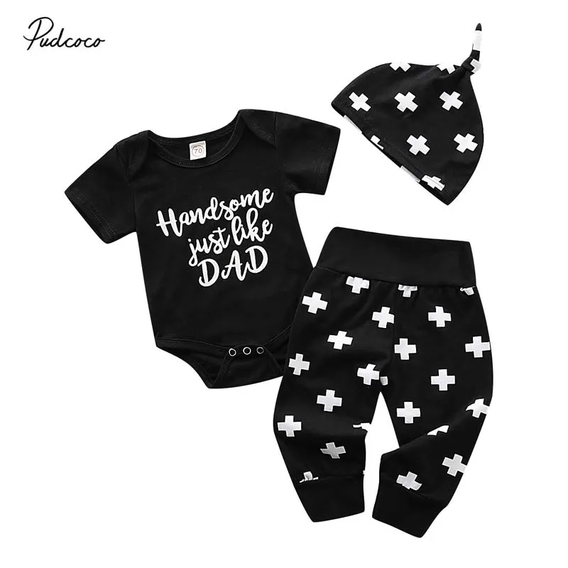 

2019 Brand Newborn Baby Boy Girl Clothes Funny Short Sleeve Letter Romper Pants Hat 3PCS Outfits Summer Toddler Clothing Set