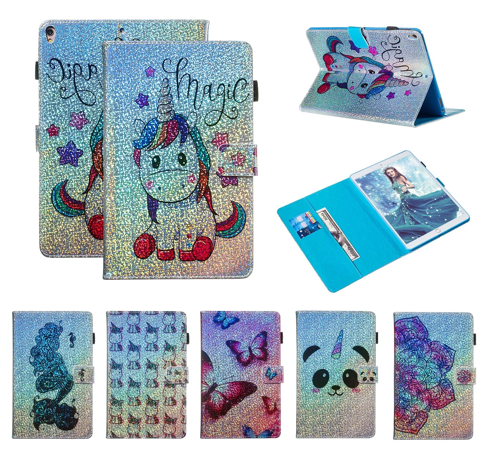 

Fundas Case For apple iPad air 2 iPad5 iPad6 iPad 9.7 2017 2018 Universal PU Leather Flip Wallet Bling Unicorn Butterfly Case