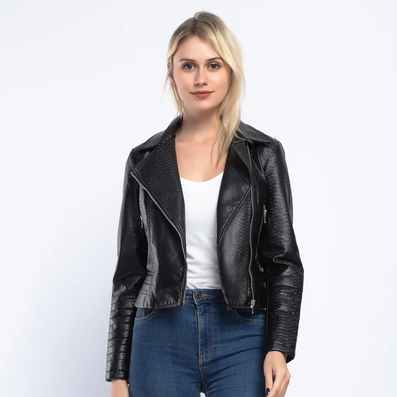 

Brand Snake Print PU Leather Jacket Women 2019 Spring Autumn New Fashion Short Coat Solid Zippers Outerwear Biker jacket AO900