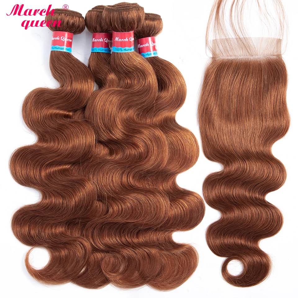 Marchqueen предварительно цветные Малазийские Волосы 4 Связки с закрытием #30 цвет тела волна волосы с закрытием не Реми волосы расширения