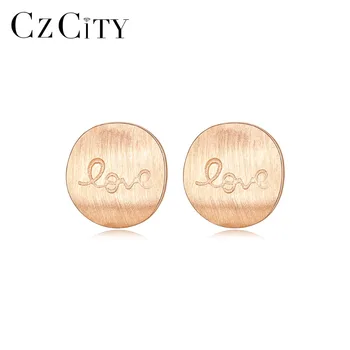 

CZCITY Brush Solid 925 Sterling Silver Round Stud Earrings for Women Fine Jewelry Letter Love Boucle D'Oreille Femme Gift SE0398