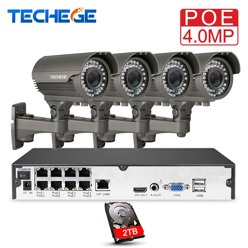 En Ligne Techege H.265 8CH Système POE 2.8 12mm Manuel Lentille 4.0MP IP Caméra 2560*1440 Imperméable À L eau En Plein Air Vidéo kit de Surveillance De sécurité