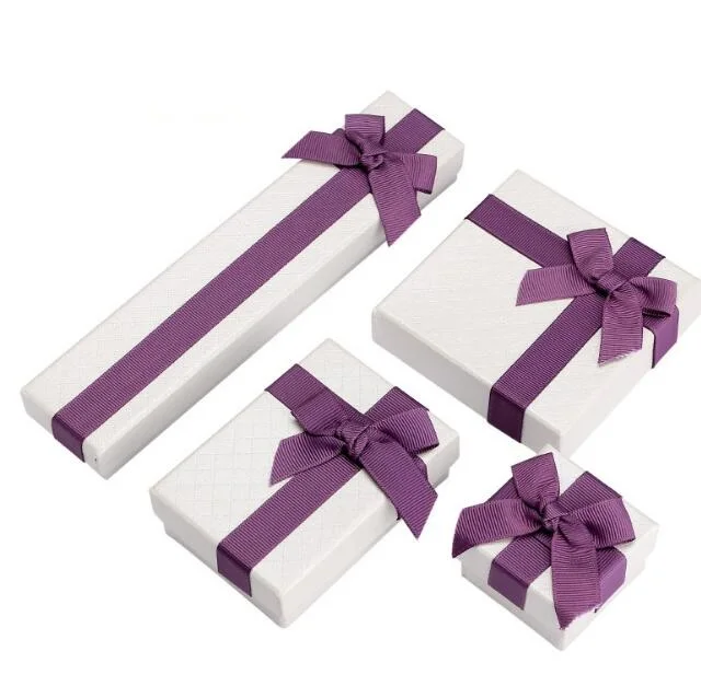 

Jewelry Paper Box Purple Color Bow Cases Display, Necklace/Earring/Ring Sets Boxes Packaging Gift Box