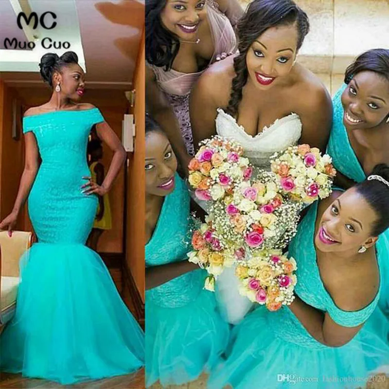 Hot South Africa Style Nigerian Bridesmaid Dresses Plus Size Mermaid Maid Of Honor Gowns For Wedding Off Shoulder Turquoise Tulle Dress2 3_