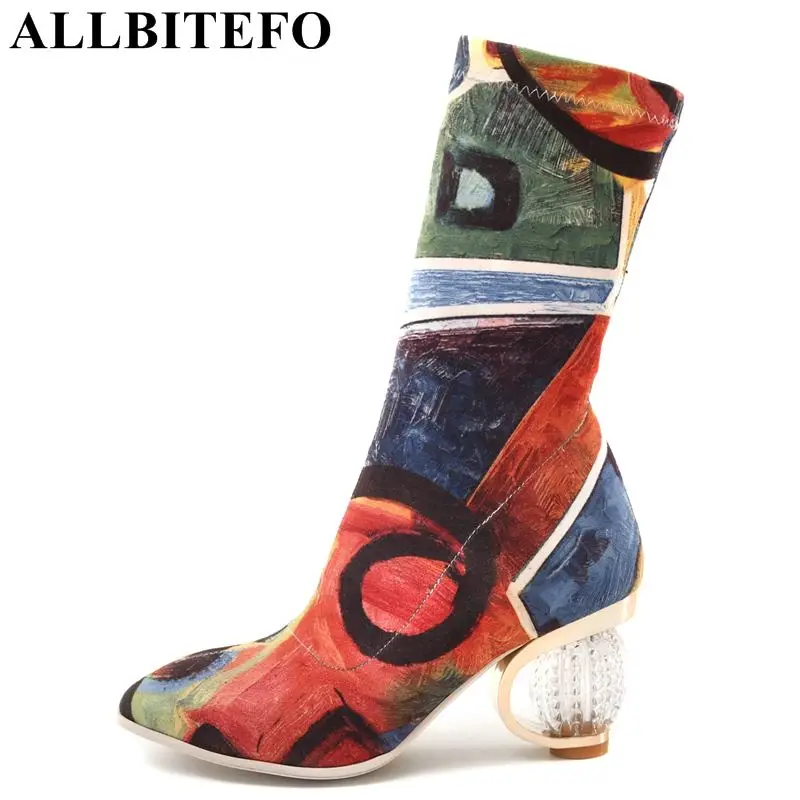 

ALLBITEFO size:34-43 crystal heel Stretch cloth women high heel shoes fashion mixed colors high-heeled women boots winter boots