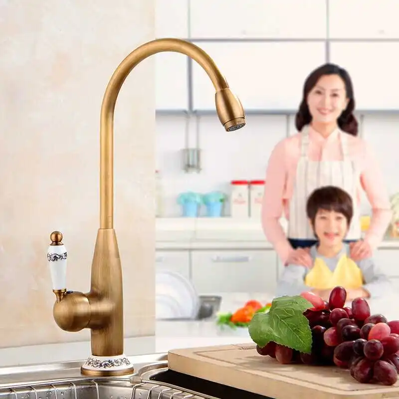 Kitchen Faucet Antique Brass Swivel Bathroom Basin Sink Mixer Tap With Ceramic Crane Hot & Cold Kitchen Sink Faucet Water Mixer
