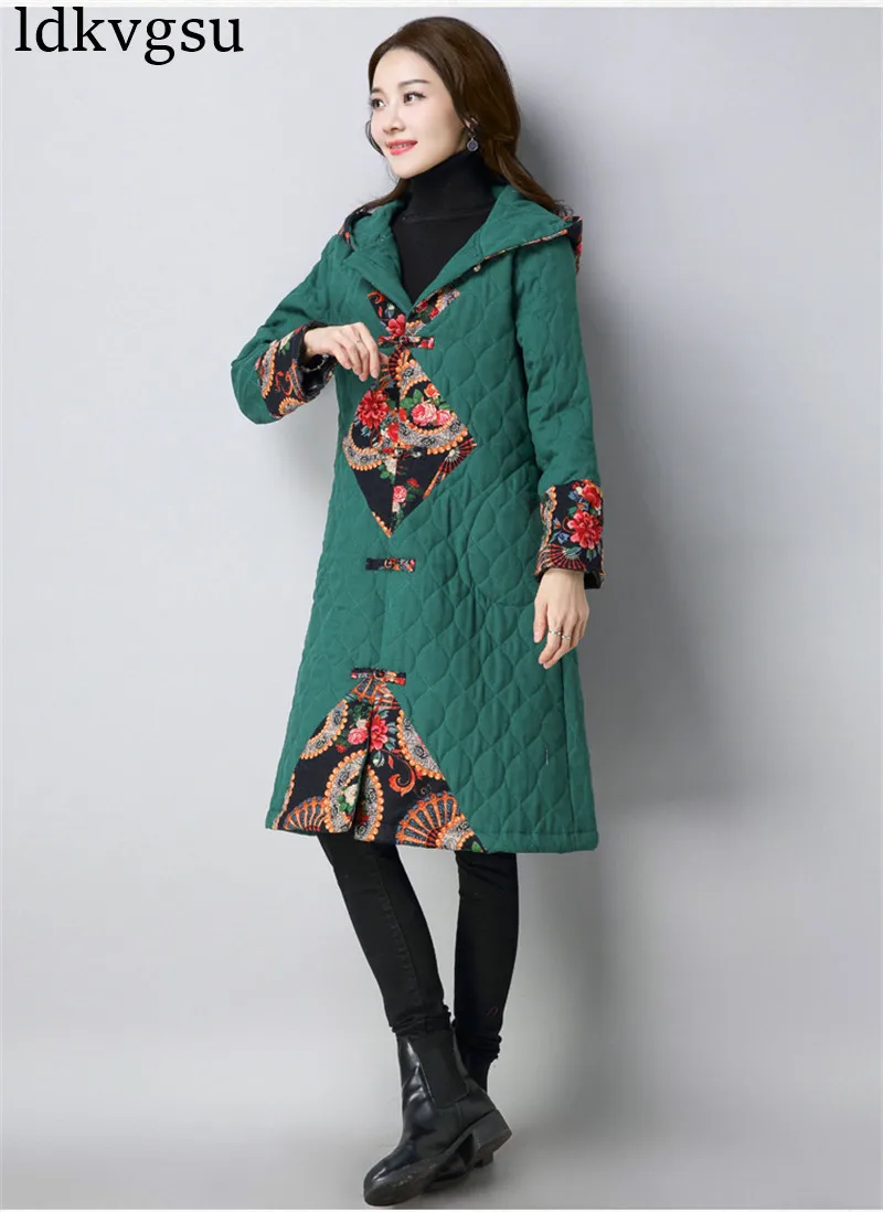 Ретро пальто женское 2019 осень зима пластина пряжка с капюшоном длинный толстый большой размер хлопок льняное пальто ветровка Куртка