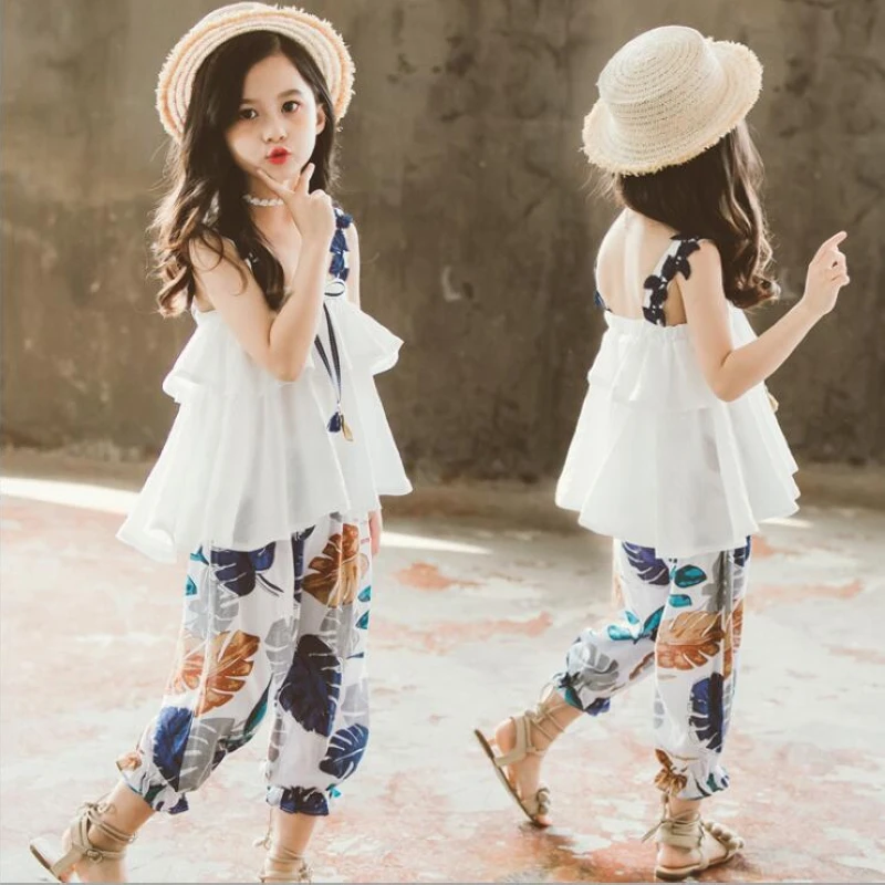 

2pcs 2019 summer new children's clothing girls chiffon sling short-sleeved T-shirt + pants