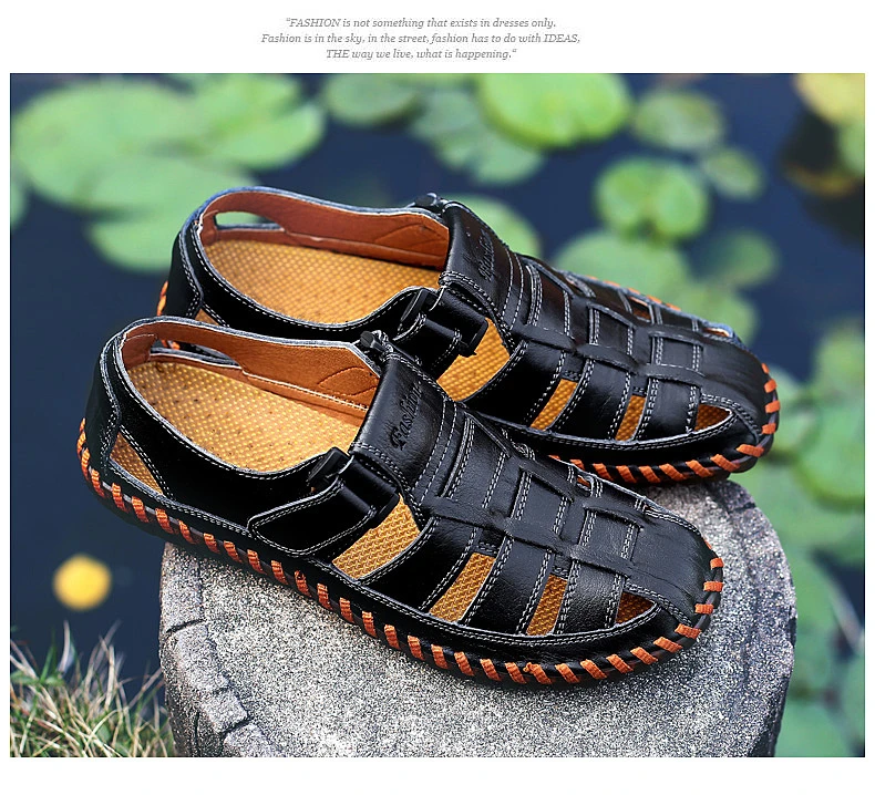 Летние мужские сандалии; Повседневная обувь из натуральной кожи; уличная пляжная обувь; большие размеры; мягкие дышащие кожаные сандалии; 02A