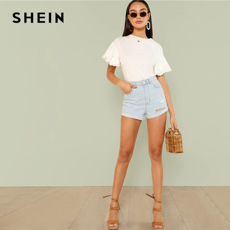 SHEIN White Elegant Round Neck Eyelet Embroidered Trim Ruffle Short Sleeve Solid T-shirt Summer Women Weekend Casual Tee Top