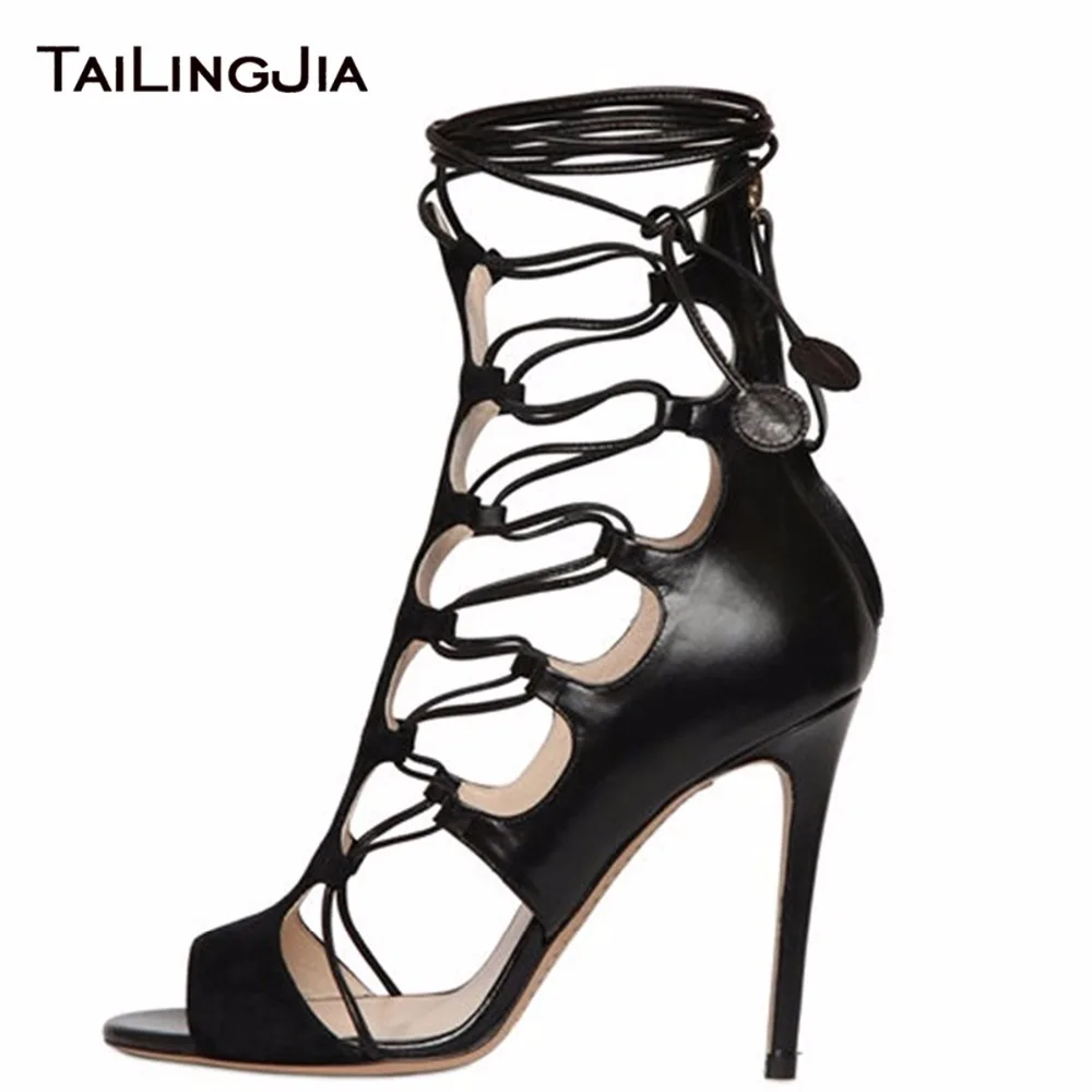 

2019 Summer Sexy Cross Frenulum Peep Toe With Zipper Shoes Black Stilettos Hollow Ankle Strap Pu Mixed Faux Suede Free Shipping