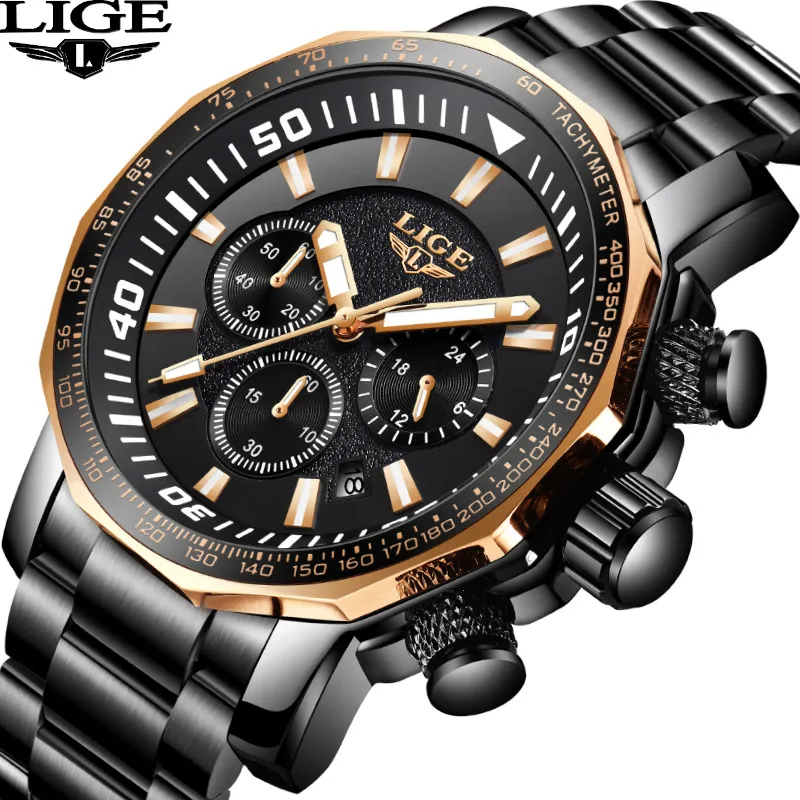 

LIGE Mens Watches Top Brand Luxury Men's Military Sports Watch Men's Large Dial Stainless Steel Quartz Watch Relogio Masculino
