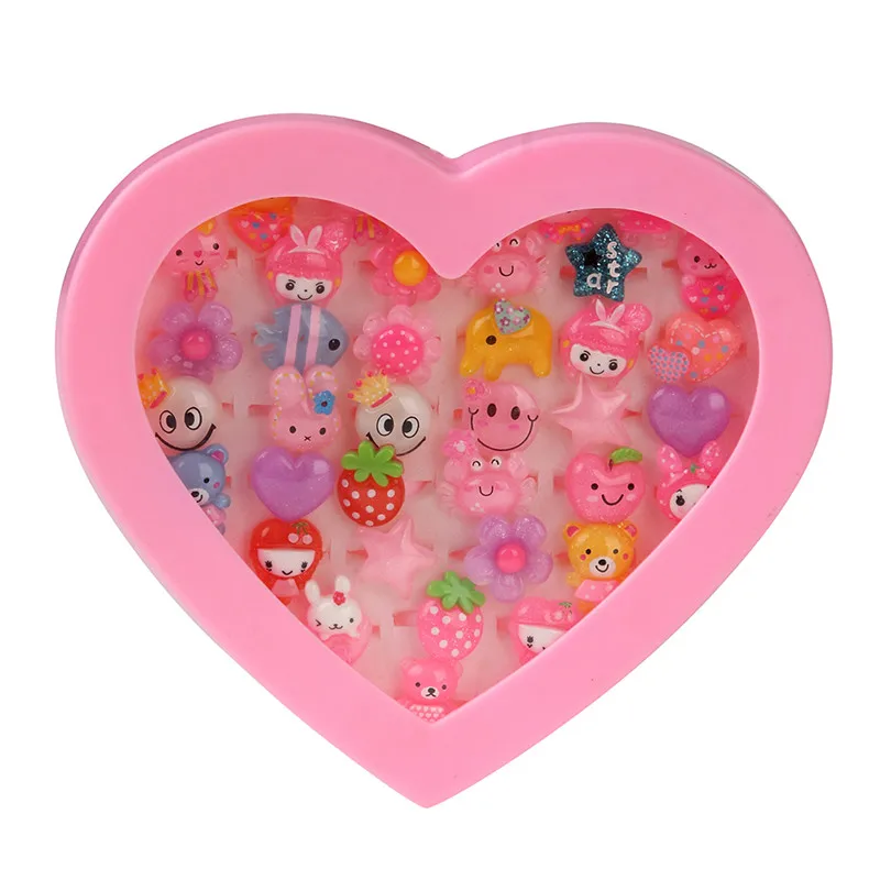 36pcs Mixed Animals Flower Metal Resin Girls Children Adjustable Rings Cartoon Finger Jewelry Pink Heart Shaped Box