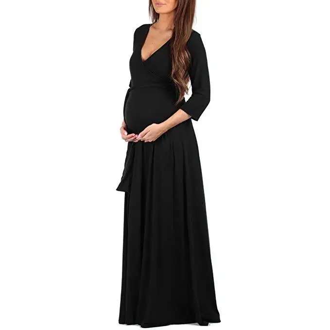 Платье для беременных с глубоким v-образным вырезом и рукавами три четверти; вечерние платья для беременных на свадьбу с поясом; длинные плиссированные платья для беременных - Цвет: Черный