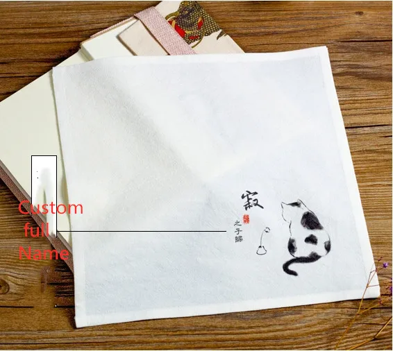 Белый ручная роспись кошка хлопок платок подарок китайский стиль для женщин модные аксессуары утолщаются натуральный лен Малый платок