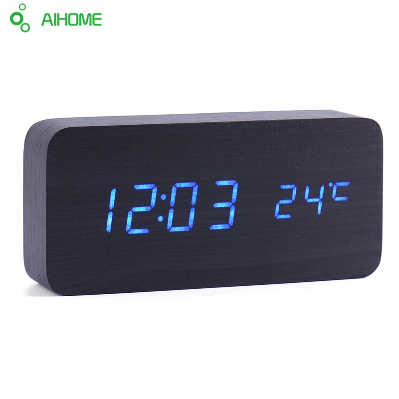 Led Wooden Clock New Designer Thermometer LED Digital Clock Desktop Table Clock Sound Control Alarm Clocks 4 Color Word Shows