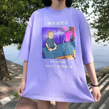

Summer Casual T Shirt Women Funny Chinese Letter Tops Womens T-Shirt Fashion Purple Cartoon Printed Oversize Tops