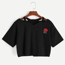 2017 New Women Short T Shirt Summer Fashion Sexy Hollow Out Short Sleeve Casual Harajuku Crop Top Rose Embroidery T-shirts Femme