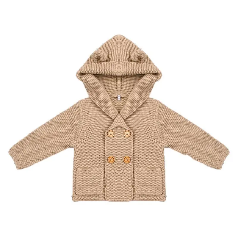 Вязаный кардиган для маленьких мальчиков, зимние теплые детские однотонные свитера, топы, пальто с капюшоном и длинными рукавами, верхняя одежда для маленьких мальчиков и девочек - Цвет: Коричневый