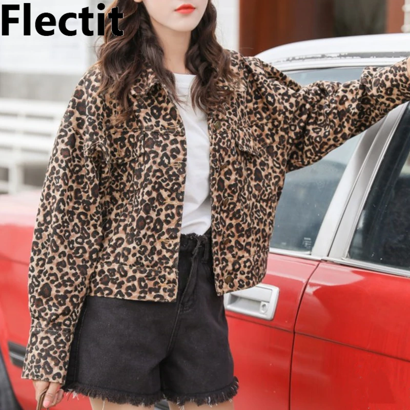 Very best Flectit Women Leopard Denim Jacket Loose-Fit Long Sleeve Bomber Jackets Vintage Animal Print Jeans