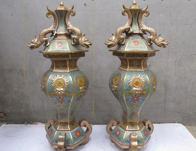 

China Regius 100% Bronze cloisonne Rare three Dragon King incense burner pair