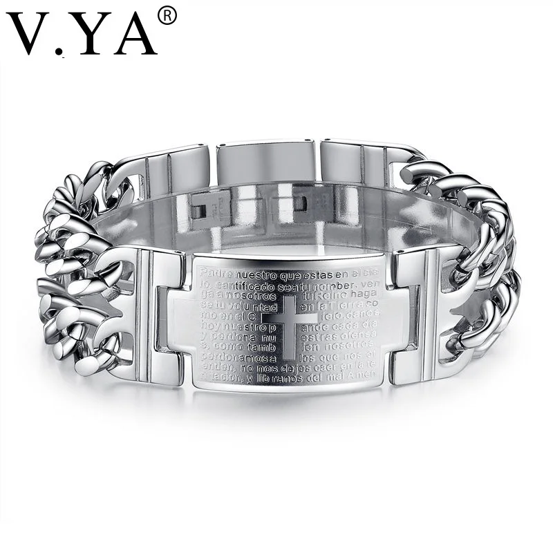 

V.YA Stainless Steel Cross Personalized Men Engraved Name ID Bracelets Fashion Wide Bracelets & Bangles Man Jewelries Gift Charm