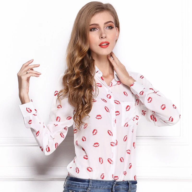 Plus Size Blouse Shirt 2016 Women Blouses Red Lip Printed Women Shirts ...