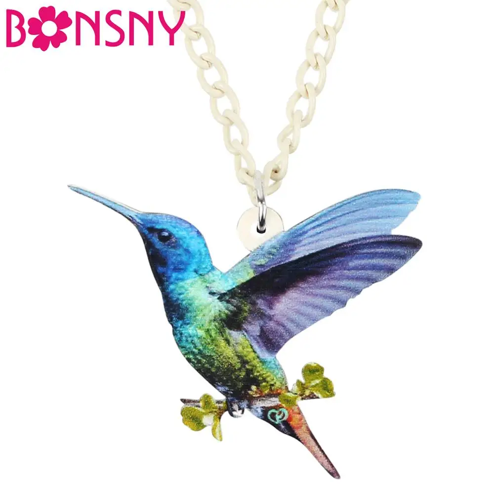 

Bonsny Acrylic Blue Flying Hummingbird Pendant Necklace Chain Collar New Fashion Design Jewelry For Women Girls Gift Accessories
