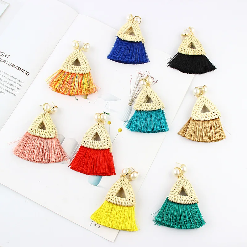 

GLHGJP Fashion Summer Straw Tassel Earrings Charm Crystal Drop Earring Trendy Rattan Knitting Dangle Ear Jewelry aretes de mujer