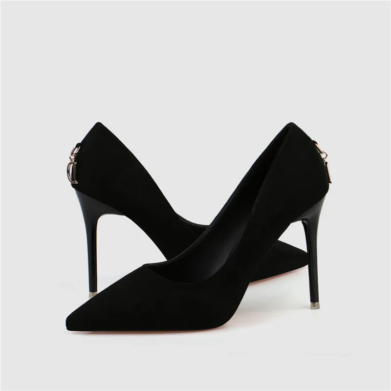 

Fashion simple and detailed with high-heeled suede shallow mouth pointed D-button sexy women's shoes