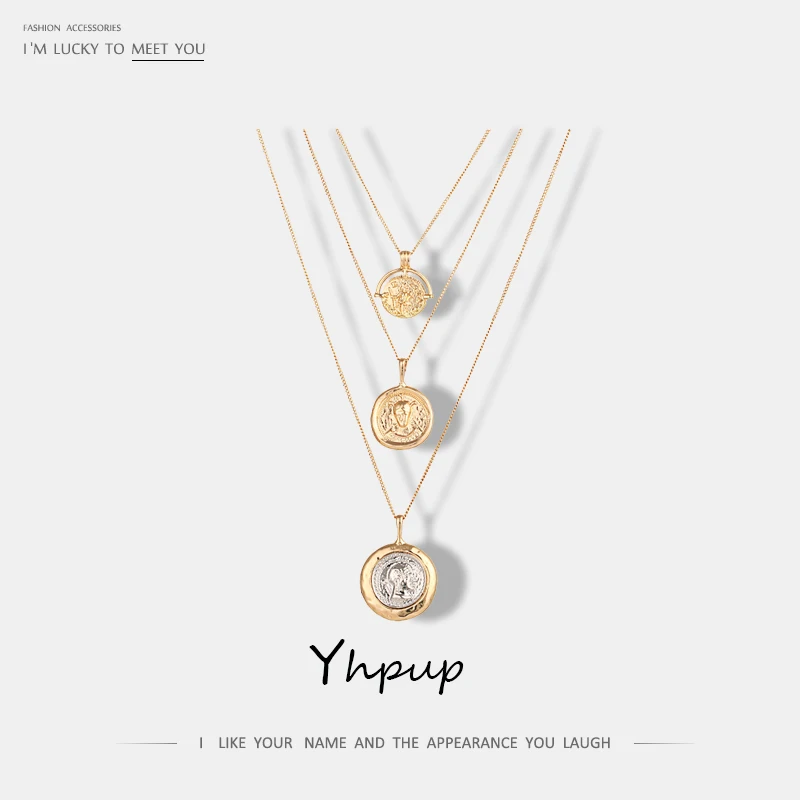 

Yhpup Vintage Medusa Multi-layer Portrait Pendants Necklace Charm Gold Round Geometric Necklace For Women Party Holiday Jewelty