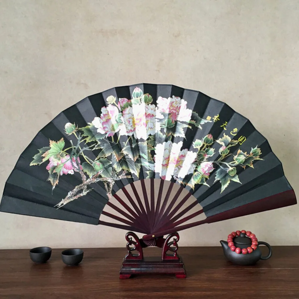 

1PCS Chinese Style Vintage Pocket Folding Fan Lotus Flower Pattern Silk Bamboo Folding Hand Fan for Men