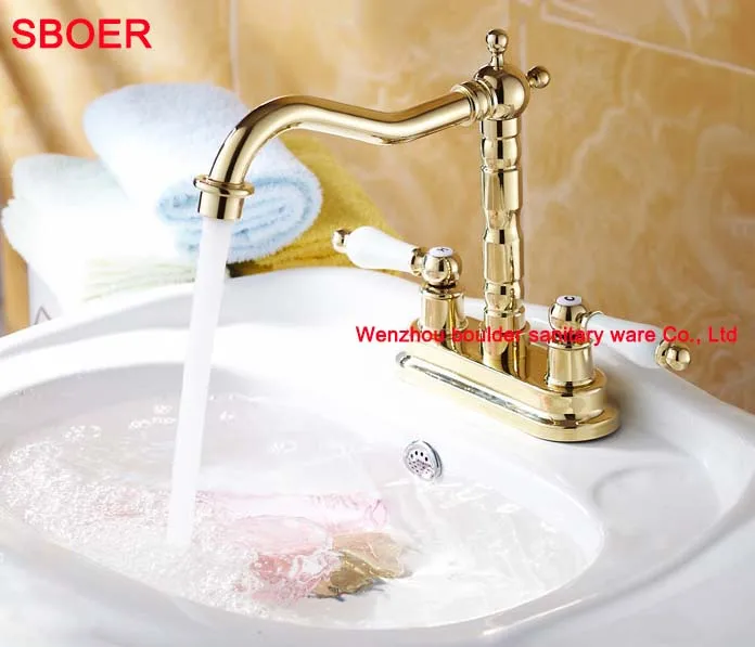 مزدوج التعامل مع السيراميك حوض الغرور بالوعة خلاط صنبور مرحاض الحمام المعاصرة واحدة هول سطح كمية ، مصقول الذهب صنبور