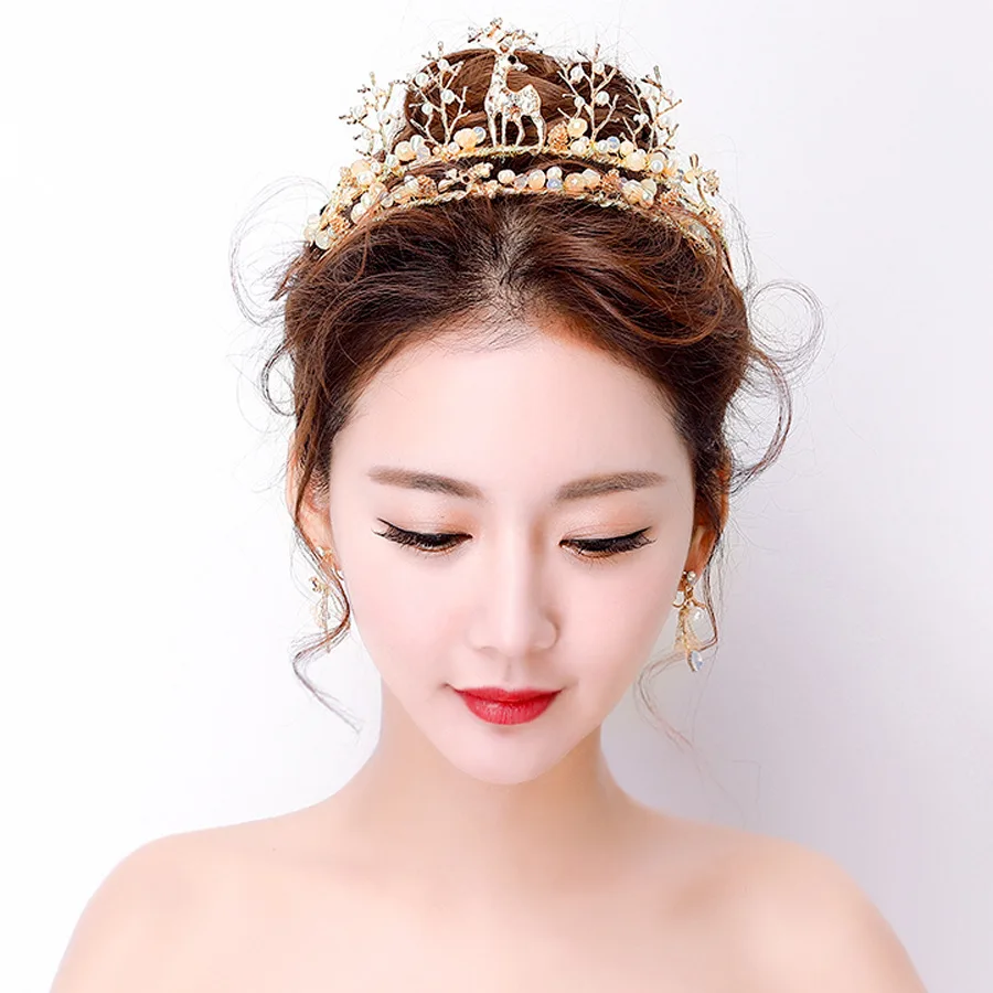 

Rose gold Lovely deer Bride Tiaras Crown Colored pearl Alloy Handmade Wedding headdress crystal inlaid hair accessories Jewelry