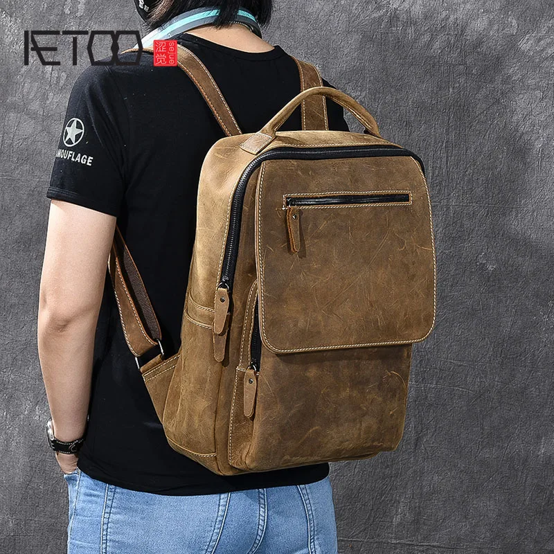 

AETOO Brand Designer Men Genuine Leather Backpack Crazy Horse Vintage Daypack Multi Pocket Casual Rucksack Vintage Handmade Tote