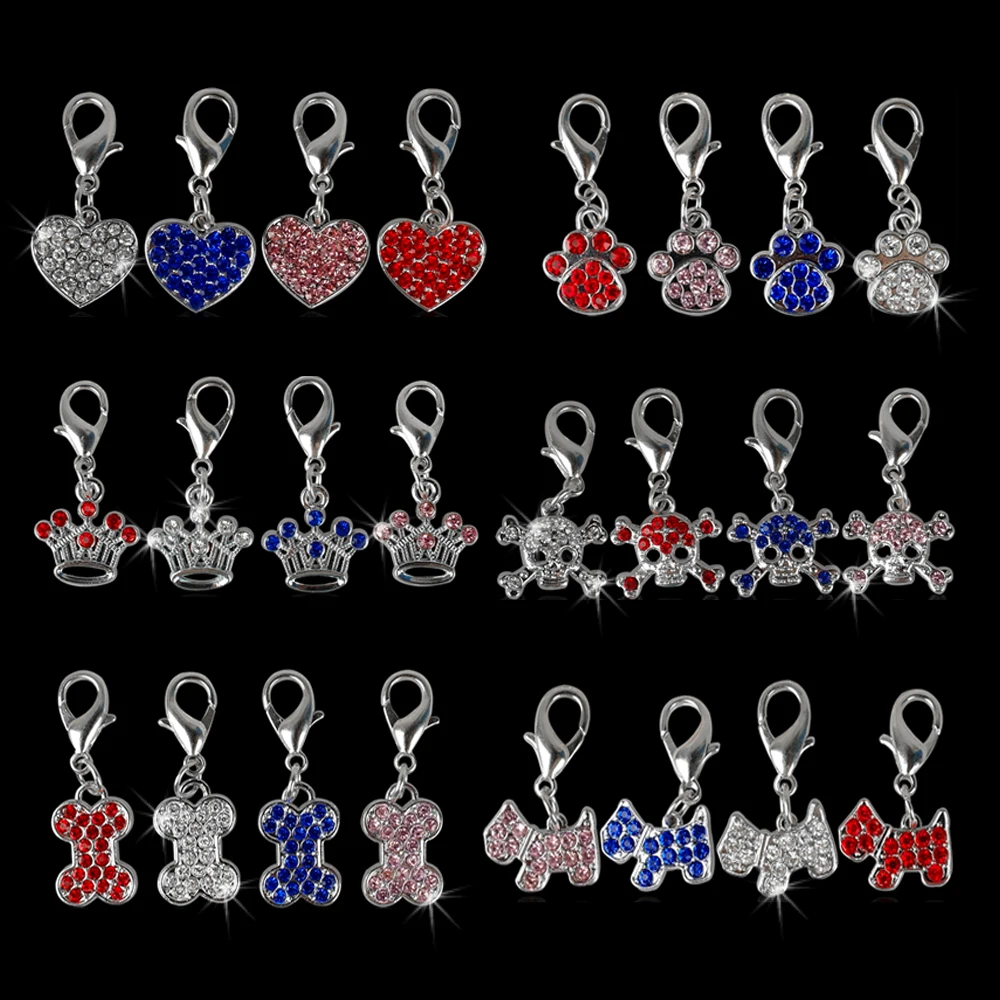 

MOQ:12pcs Rhinestone Dog Tag Dogs Collar Pendants Charms DIY Dog Pet Pendants Tags 4 Colors 6 Types