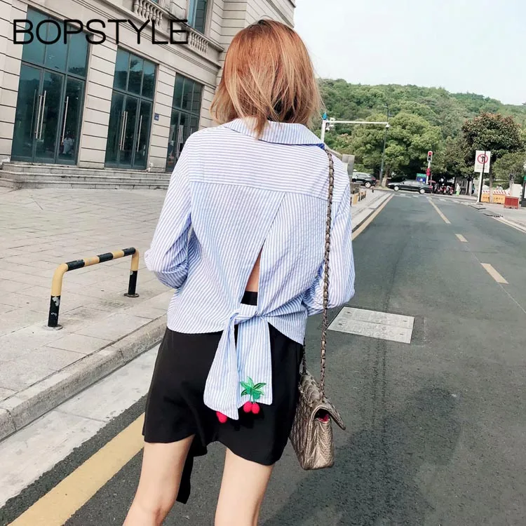 

Fall 2018 Women Contrast Striped 3d Cherry Embroidery Blouse Shirt Back Slit Hem Tie Closured With Embroidery & Pompoms Detail