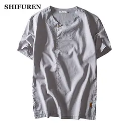 Shifuren мягкие дышащие Для мужчин Хлопковые льняные рубашки короткий рукав жаркое лето Винтаж Ретро мужской социальной рубашки топы плюс