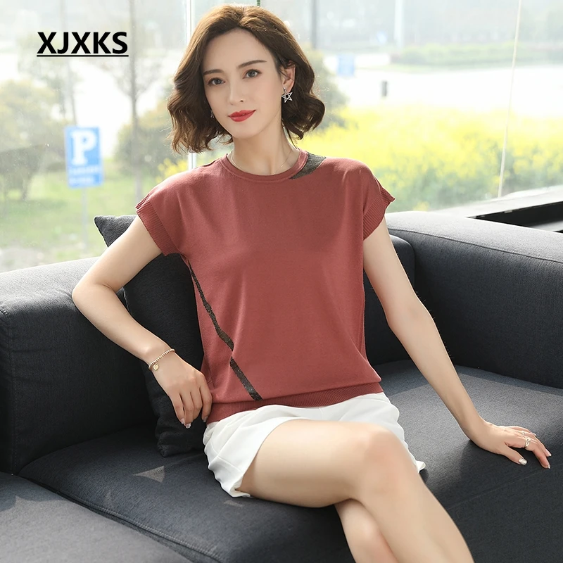 

XJXKS 2019 Casual Tops New Summer Modis Young Women Tee Shirt Femme Thin Soft Knitting Comfortable Women T-shirt Tops