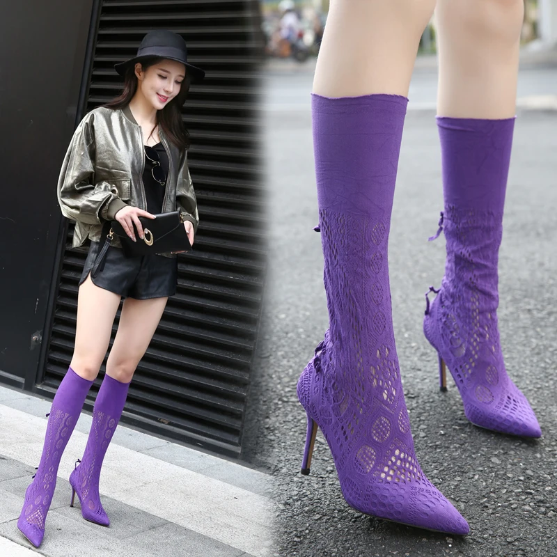 

Sexy Hollow Out Lace Mesh Women Boots Spring Autumn 2019 Thin High Heels 10cm Purple Red Party Club Ladies Pumps Shoes Sock Boot