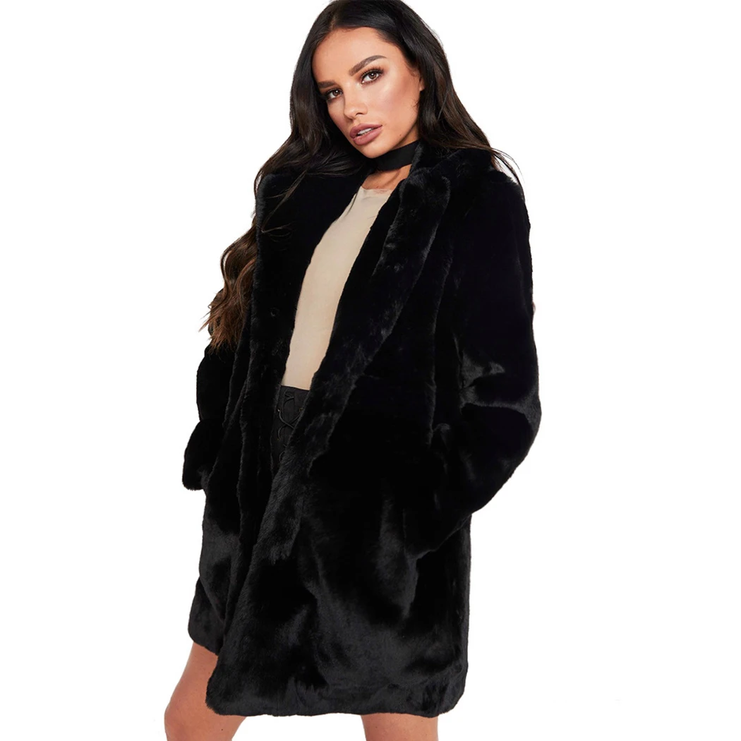 Winter Women Long Faux Fur Coat Thick Plush Outerwear Turn Down Collar Female Hairy Furry Overcoat Plus Size Manteau Femme Hiver