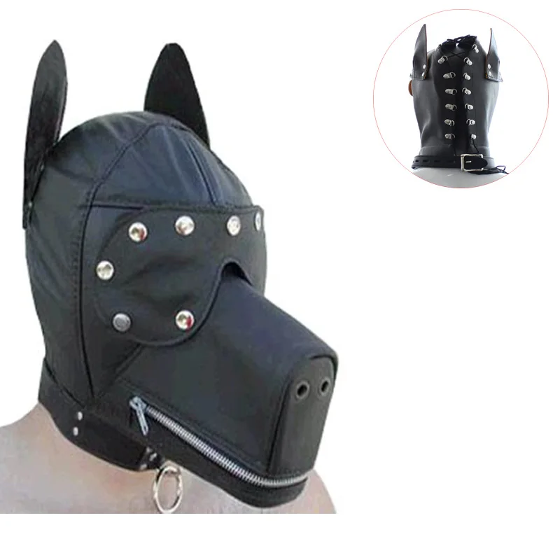PU-Leather Lockable Headgear Head Restraint Mask Zipper Hood Slave Harness Fun