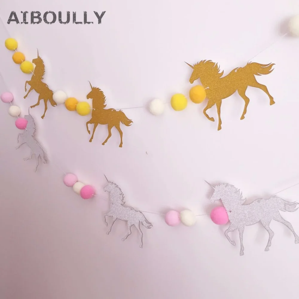 Gold/Siver Unicorn with Rainbow Ball Banner Garland Hanging Kids