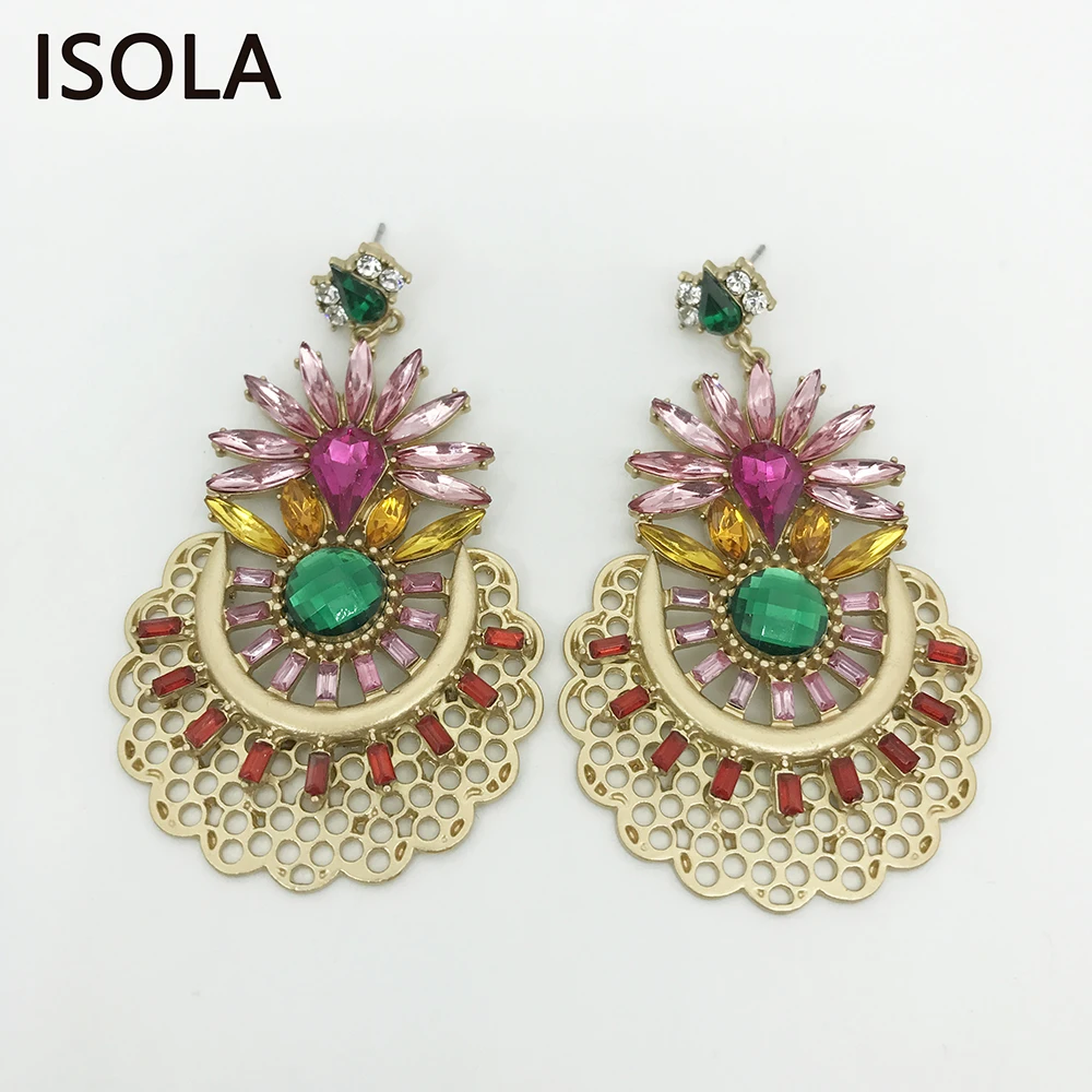 

ISOLA Cute Purple Rhinestone Flower Settle On Hollow Round Zinc Embellished With Colorful Rhinestone Royal Baroque Earrings